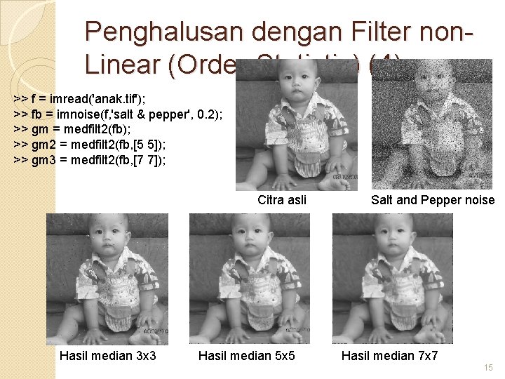 Penghalusan dengan Filter non. Linear (Order-Statistic) (4) >> f = imread('anak. tif'); >> fb