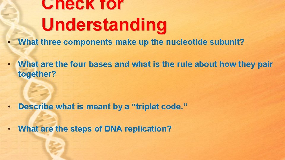 Check for Understanding • What three components make up the nucleotide subunit? • What Check for Understanding • What three components make up the nucleotide subunit? • What