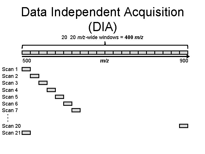 Data Independent Acquisition (DIA) 20 20 m/z-wide windows = 400 m/z 500 Scan 1