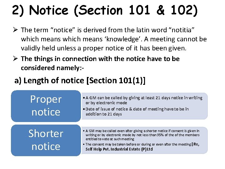 2) Notice (Section 101 & 102) The term “notice” is derived from the latin