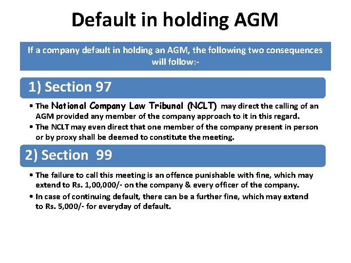 Default in holding AGM If a company default in holding an AGM, the following