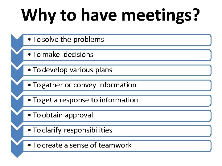 Why to have meetings? • To solve the problems • To make decisions •