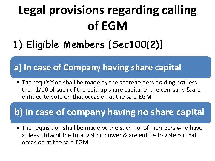 Legal provisions regarding calling of EGM 1) Eligible Members [Sec 100(2)] a) In case