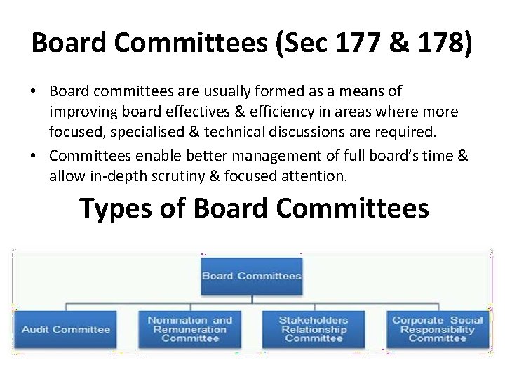 Board Committees (Sec 177 & 178) • Board committees are usually formed as a