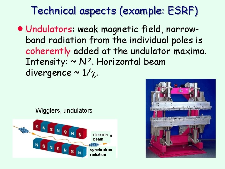 Technical aspects (example: ESRF) · Undulators: weak magnetic field, narrow- band radiation from the Technical aspects (example: ESRF) · Undulators: weak magnetic field, narrow- band radiation from the