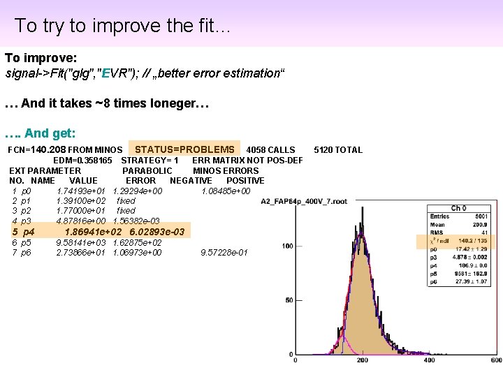 To try to improve the fit… To improve: signal->Fit("glg", "EVR"); // „better error estimation“