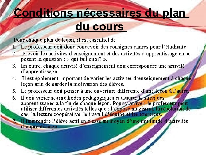 Planification pdagogique Plan du cours plan de la