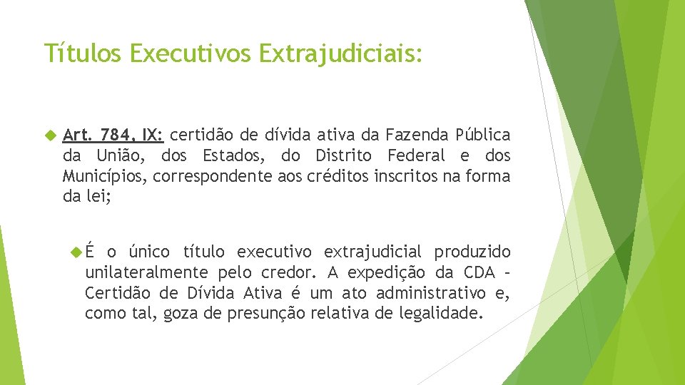 Títulos Executivos Extrajudiciais: Art. 784, IX: certidão de dívida ativa da Fazenda Pública da