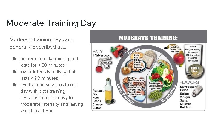 Moderate Training Day Moderate training days are generally described as… ● higher intensity training