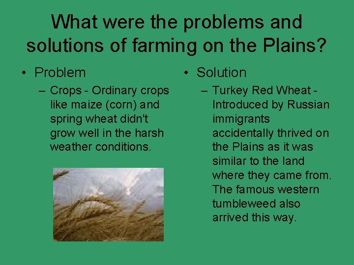 What were the problems and solutions of farming on the Plains? • Problem –