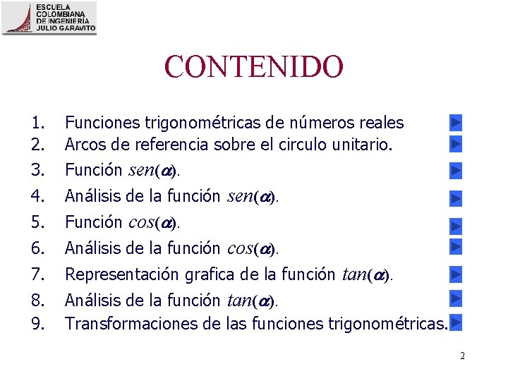 CONTENIDO 1. 2. 3. Funciones trigonométricas de números reales Arcos de referencia sobre el
