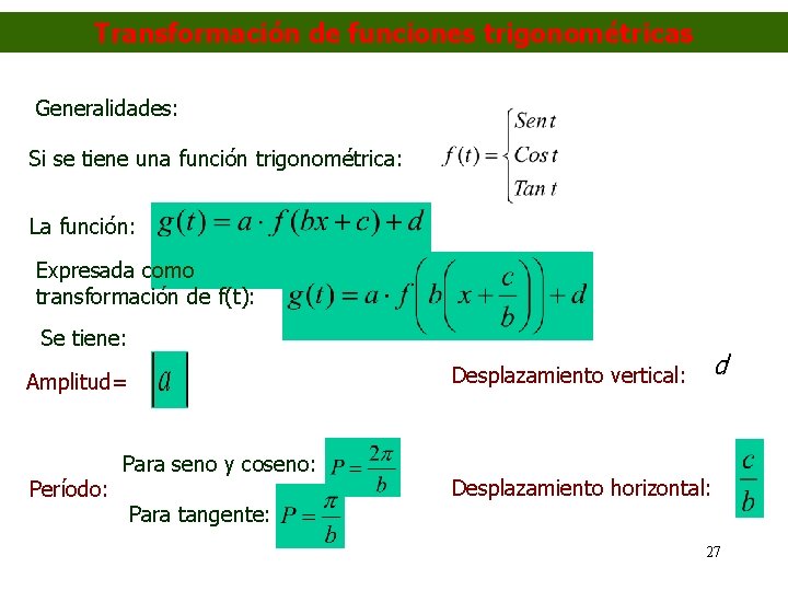 Transformación de funciones trigonométricas Generalidades: Si se tiene una función trigonométrica: La función: Expresada