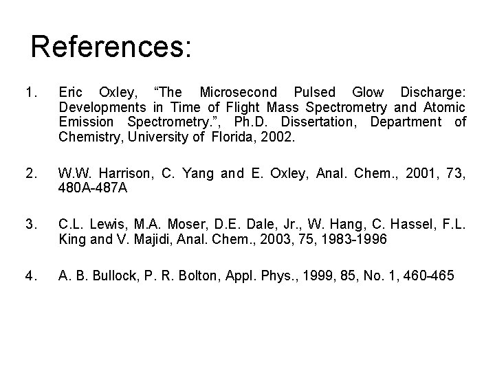 References: 1. Eric Oxley, “The Microsecond Pulsed Glow Discharge: Developments in Time of Flight