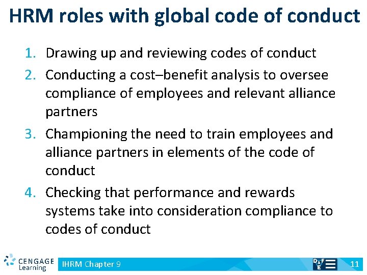 HRM roles with global code of conduct 1. Drawing up and reviewing codes of