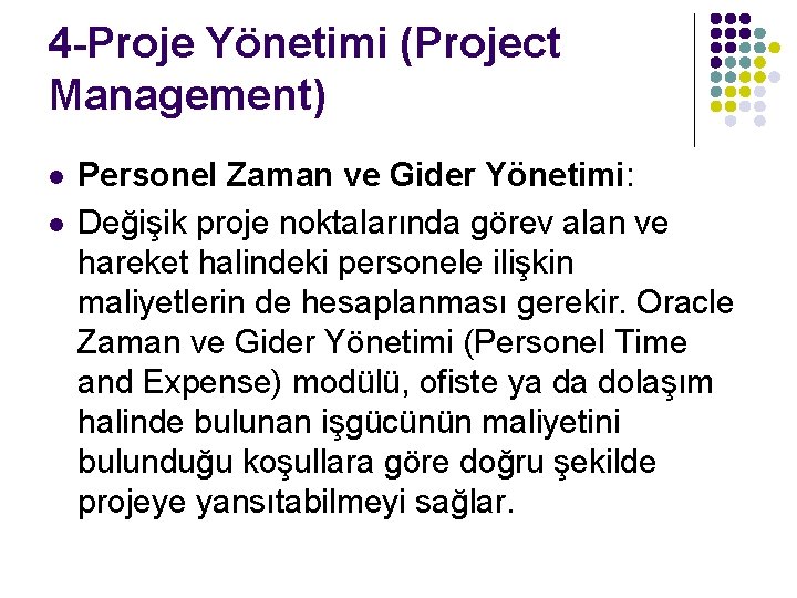 4 -Proje Yönetimi (Project Management) l l Personel Zaman ve Gider Yönetimi: Değişik proje