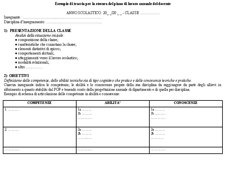 Esempio di traccia per la stesura del piano di lavoro annuale del docente ANNO