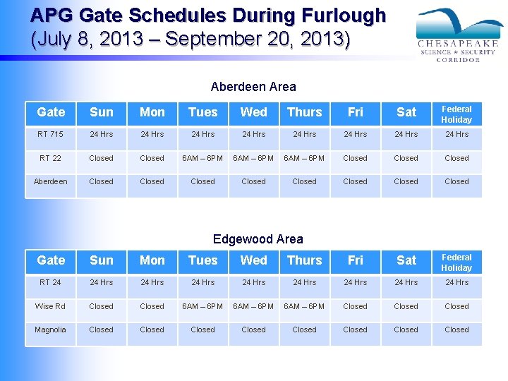 APG Gate Schedules During Furlough (July 8, 2013 – September 20, 2013) Aberdeen Area