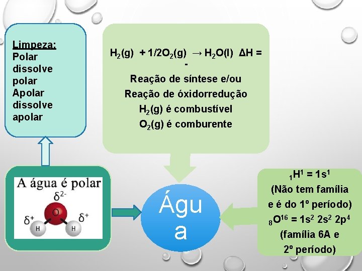 Limpeza: Polar dissolve polar Apolar dissolve apolar H 2(g) + 1/2 O 2(g) →