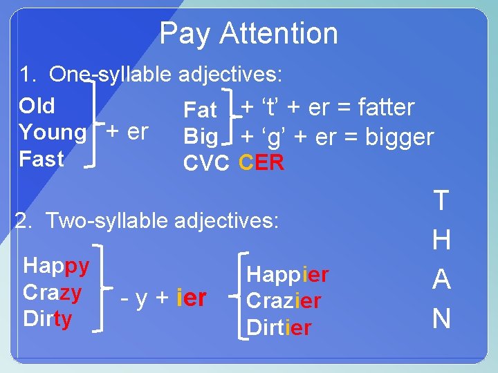 Pay Attention 1. One-syllable adjectives: Old Fat + ‘t’ + er = fatter Young