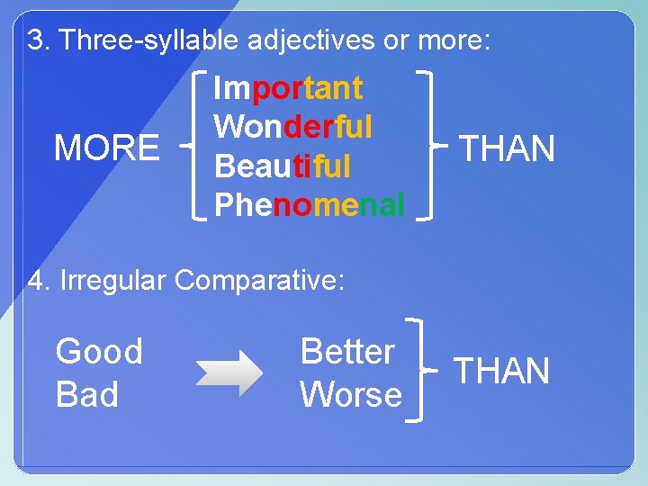 3. Three-syllable adjectives or more: MORE Important Wonderful Beautiful Phenomenal THAN 4. Irregular Comparative: