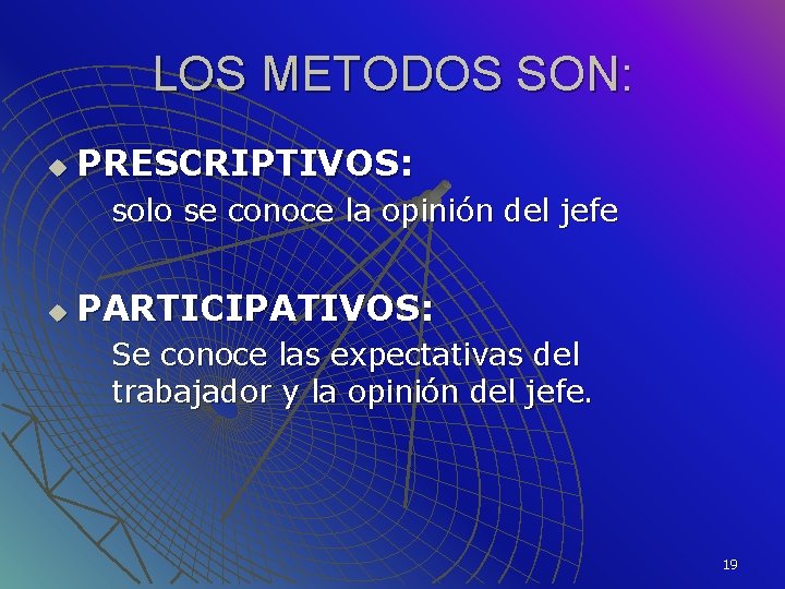 LOS METODOS SON: u PRESCRIPTIVOS: solo se conoce la opinión del jefe u PARTICIPATIVOS: