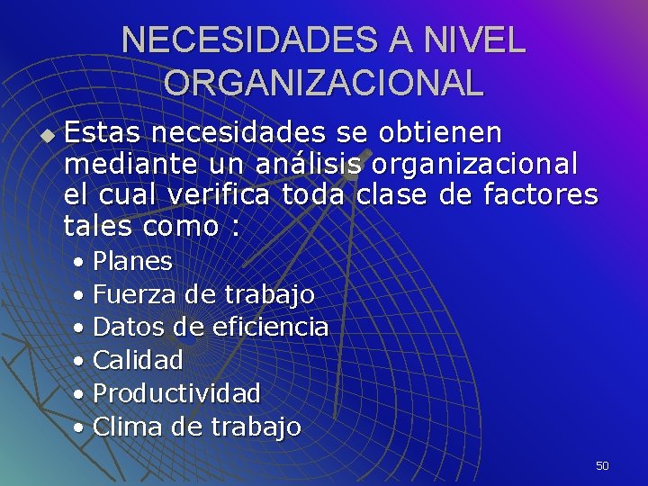 NECESIDADES A NIVEL ORGANIZACIONAL u Estas necesidades se obtienen mediante un análisis organizacional el