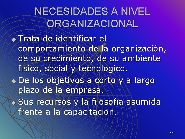 NECESIDADES A NIVEL ORGANIZACIONAL Trata de identificar el comportamiento de la organización, de su