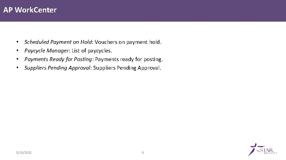 AP Work. Center • • Scheduled Payment on Hold: Vouchers on payment hold. Paycycle