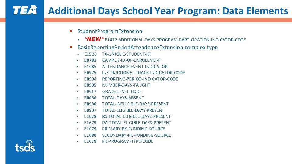 Additional Days School Year Program: Data Elements § Student. Program. Extension • *NEW* E