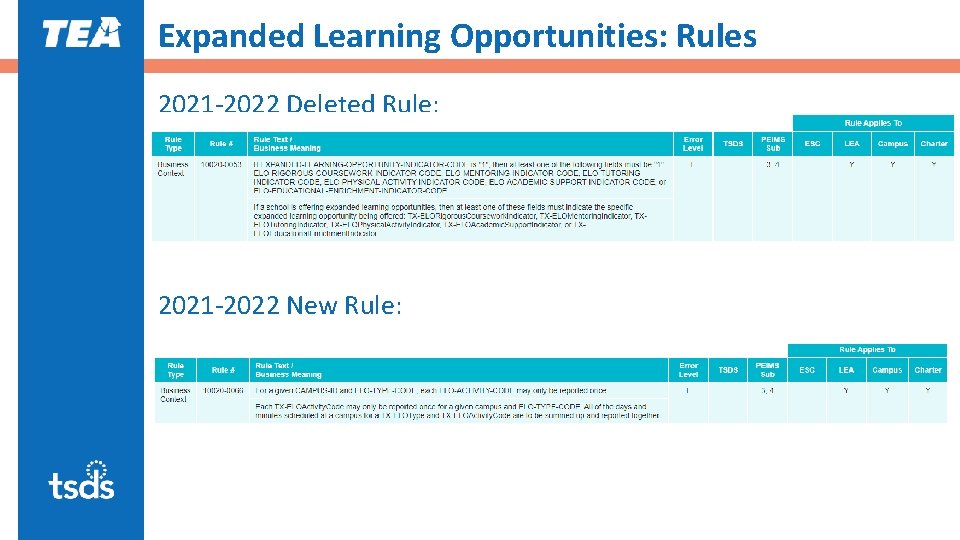 Expanded Learning Opportunities: Rules 2021 -2022 Deleted Rule: 2021 -2022 New Rule: 