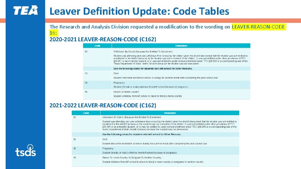 Leaver Definition Update: Code Tables The Research and Analysis Division requested a modification to