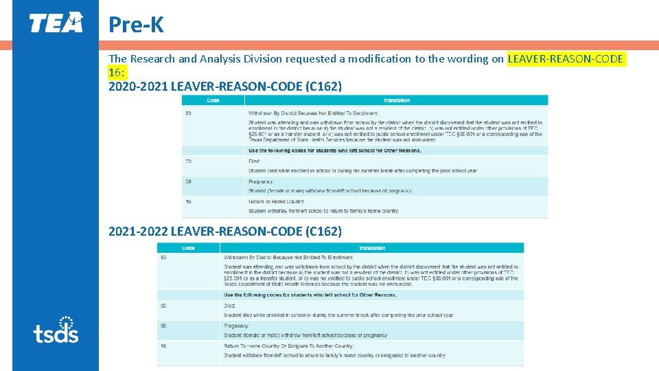 Pre-K The Research and Analysis Division requested a modification to the wording on LEAVER-REASON-CODE