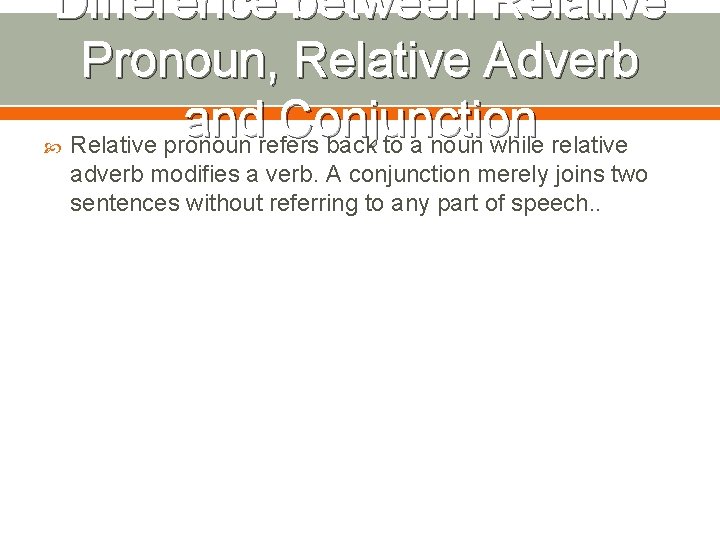 Difference between Relative Pronoun, Relative Adverb and Conjunction Relative pronoun refers back to a