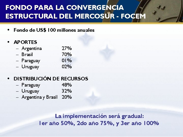 FONDO PARA LA CONVERGENCIA ESTRUCTURAL DEL MERCOSUR - FOCEM • Fondo de US$ 100