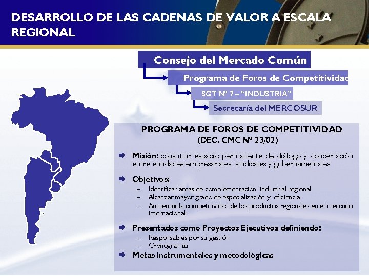 DESARROLLO DE LAS CADENAS DE VALOR A ESCALA REGIONAL Consejo del Mercado Común Programa