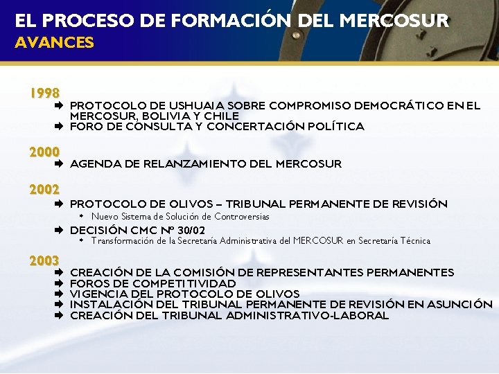 EL PROCESO DE FORMACIÓN DEL MERCOSUR AVANCES 1998 PROTOCOLO DE USHUAIA SOBRE COMPROMISO DEMOCRÁTICO