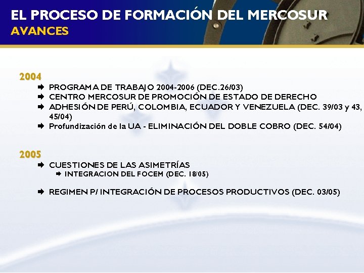 EL PROCESO DE FORMACIÓN DEL MERCOSUR AVANCES 2004 PROGRAMA DE TRABAJO 2004 -2006 (DEC.