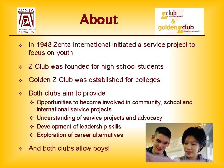 About v In 1948 Zonta International initiated a service project to focus on youth About v In 1948 Zonta International initiated a service project to focus on youth