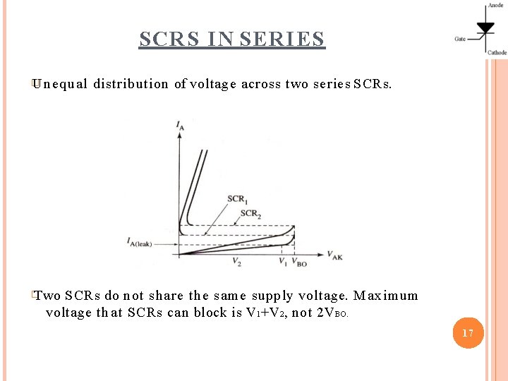 SCRS IN SERIES � Unequal distribution of voltage across two series SCRs. � Two