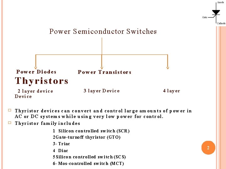 Power Semiconductor Switches Power Diodes P o w e r Transistors Thyristors 2 layer