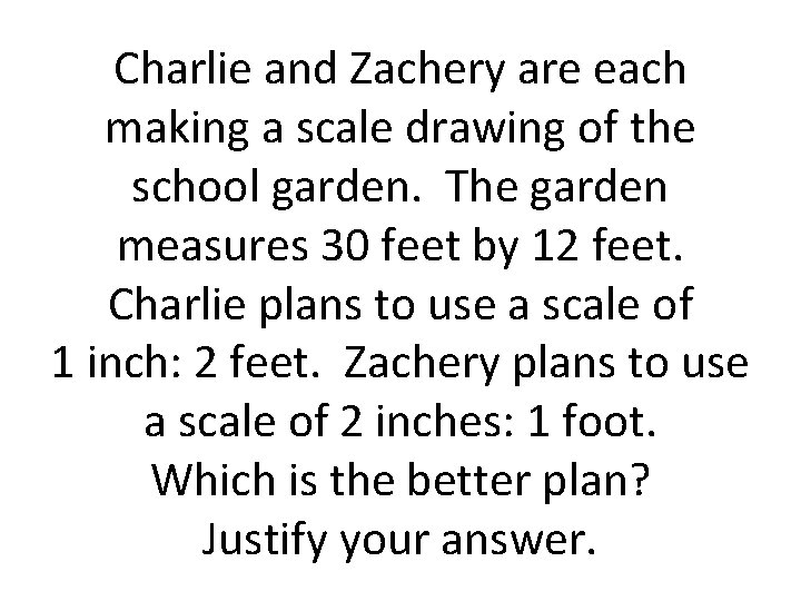 Charlie and Zachery are each making a scale drawing of the school garden. The Charlie and Zachery are each making a scale drawing of the school garden. The