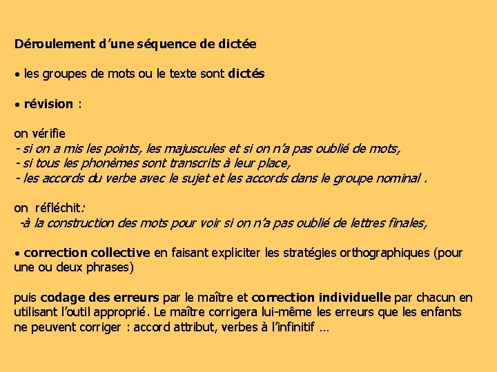 Déroulement d’une séquence de dictée les groupes de mots ou le texte sont dictés