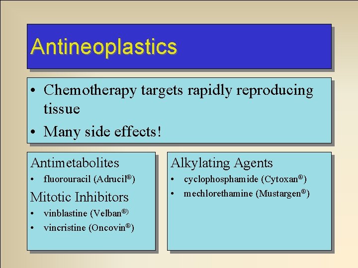 Antineoplastics • Chemotherapy targets rapidly reproducing tissue • Many side effects! Antimetabolites Alkylating Agents