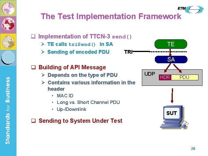 The Test Implementation Framework Implementation of TTCN-3 send() TE calls tri. Send() in SA