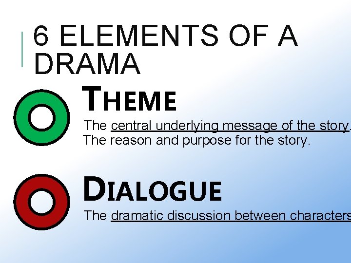 6 ELEMENTS OF A DRAMA THEME The central underlying message of the story. The