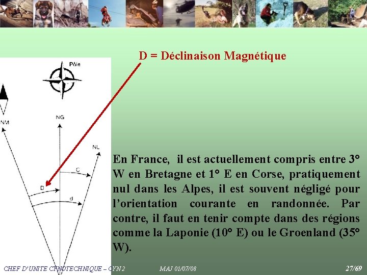 D = Déclinaison Magnétique En France, il est actuellement compris entre 3° W en D = Déclinaison Magnétique En France, il est actuellement compris entre 3° W en