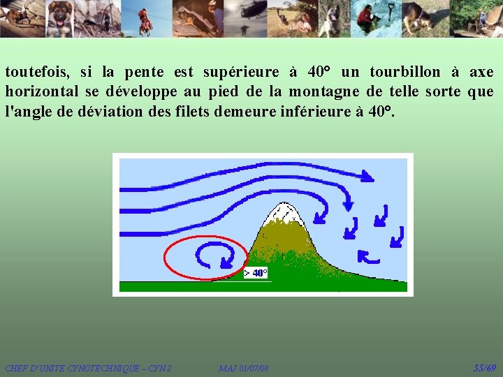 toutefois, si la pente est supérieure à 40° un tourbillon à axe horizontal se toutefois, si la pente est supérieure à 40° un tourbillon à axe horizontal se