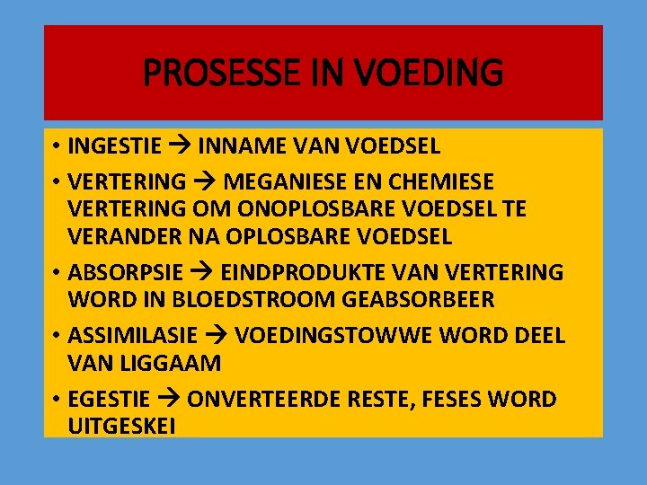 PROSESSE IN VOEDING • INGESTIE INNAME VAN VOEDSEL • VERTERING MEGANIESE EN CHEMIESE VERTERING