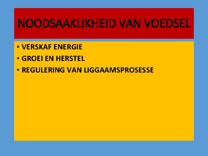 NOODSAAKLIKHEID VAN VOEDSEL • VERSKAF ENERGIE • GROEI EN HERSTEL • REGULERING VAN LIGGAAMSPROSESSE