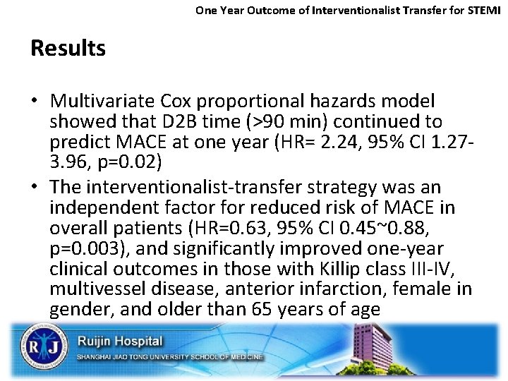 One Year Outcome of Interventionalist Transfer for STEMI Results • Multivariate Cox proportional hazards